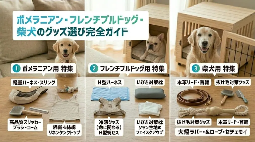 ポメラニアン・フレンチブルドッグ・柴犬のグッズ選び完全ガイド | 犬種の個性に合わせて選ぶ、快適・安全なグッズの基準