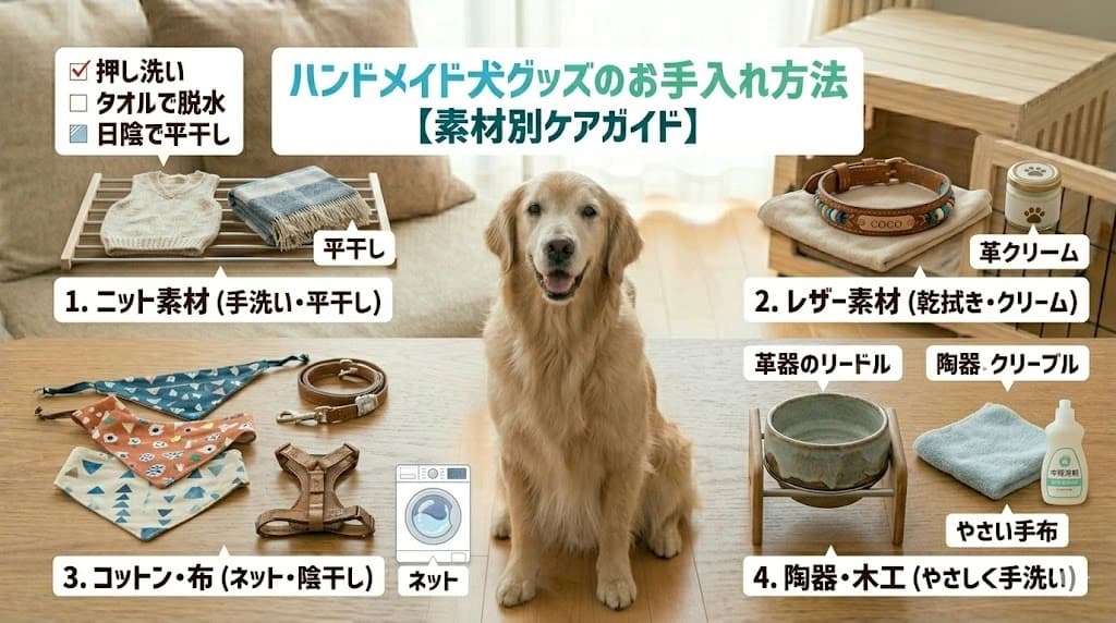素材別ハンドメイド犬グッズのお手入れ方法 | 長く愛用するための洗い方・保管のコツ