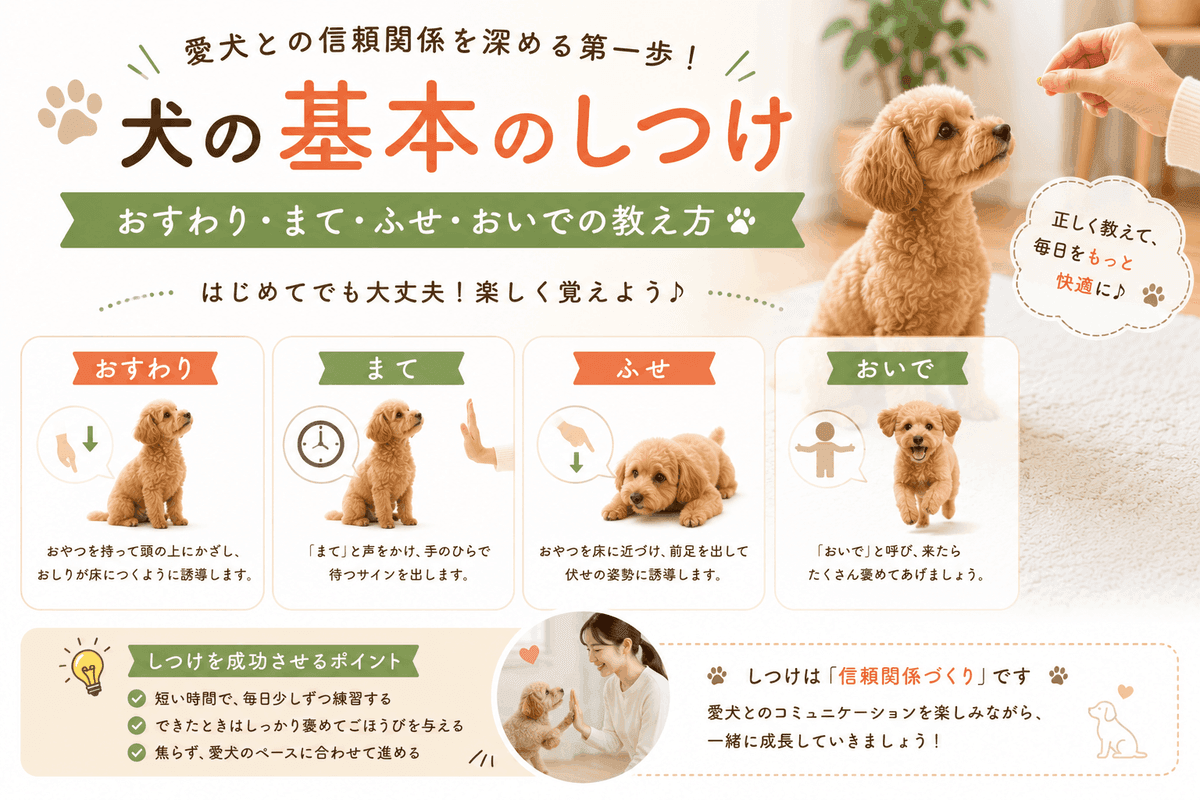 犬の基本のしつけ|おすわり・まて・ふせ・おいでの教え方