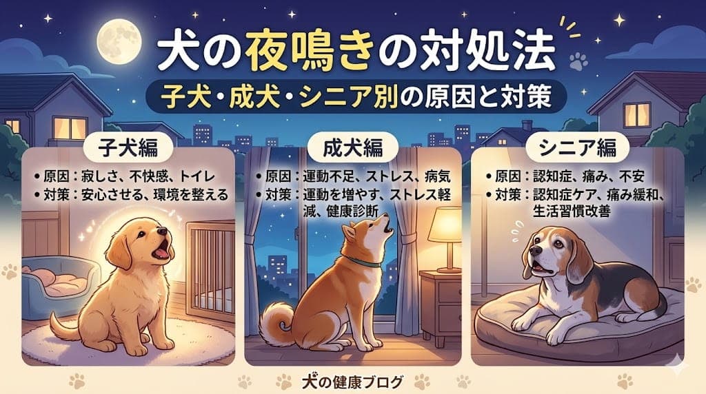 犬の夜鳴きの対処法|子犬・成犬・シニア別の原因と対策