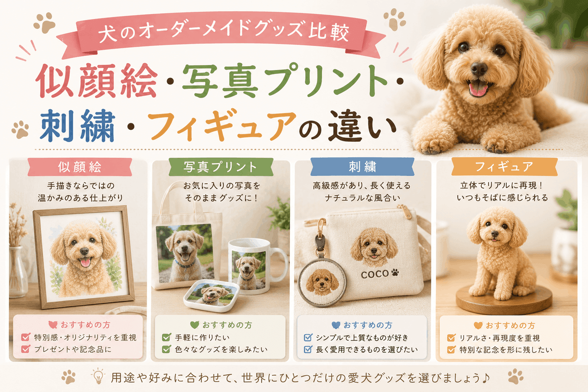 犬のオーダーメイドグッズ比較|似顔絵・写真プリント・刺繍・フィギュアの違い