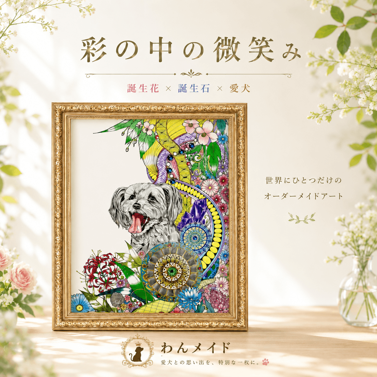 【オーダーメイド絵画】うちの子のアート「彩の中の微笑み」〜誕生花と誕生石で彩る、世界にひとつのペットイラスト・肖像画〜 | 絵画・アート ハンドメイド